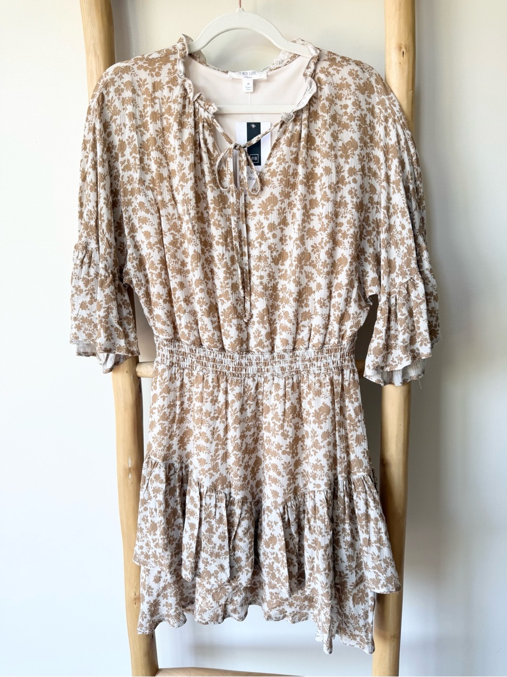 Peach Love California Boutique Tan Cream Ruffle Tiered Boho Mini Dress M NEW